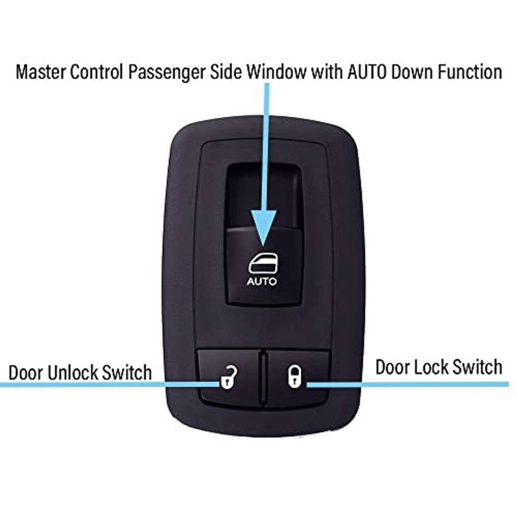 Black master window switch with AUTO down and lock/unlock controls
