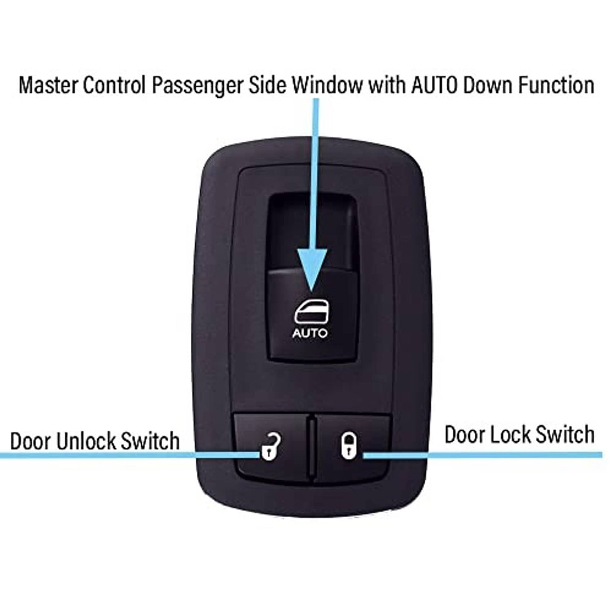 Black master window switch with AUTO down and lock/unlock controls