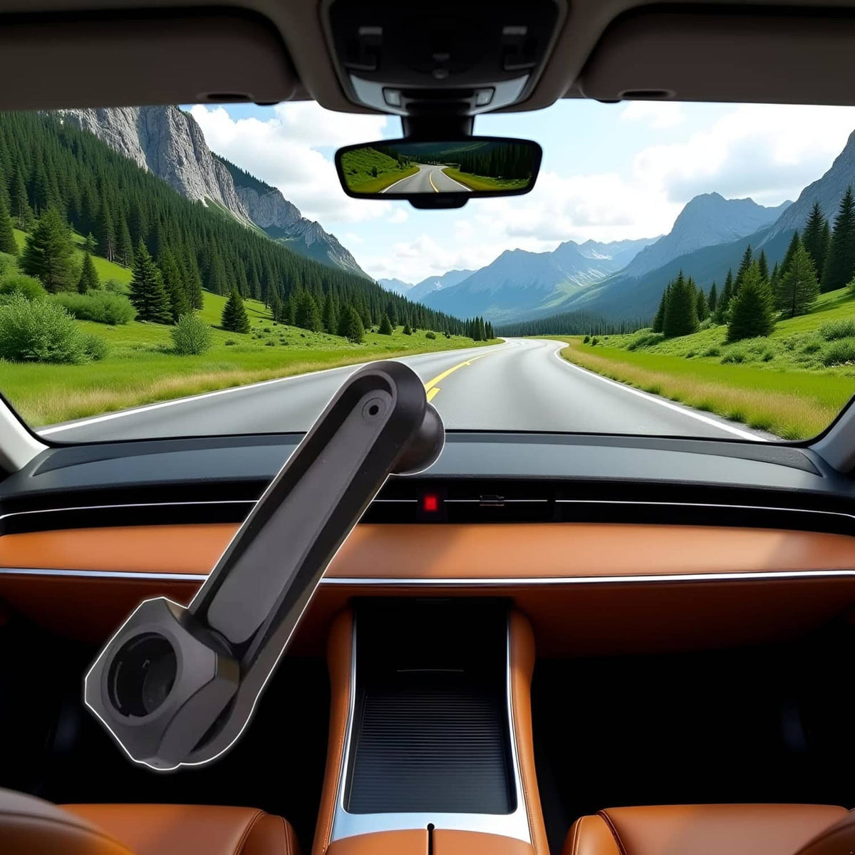 Black car phone holder mount arm angled in front of the center console