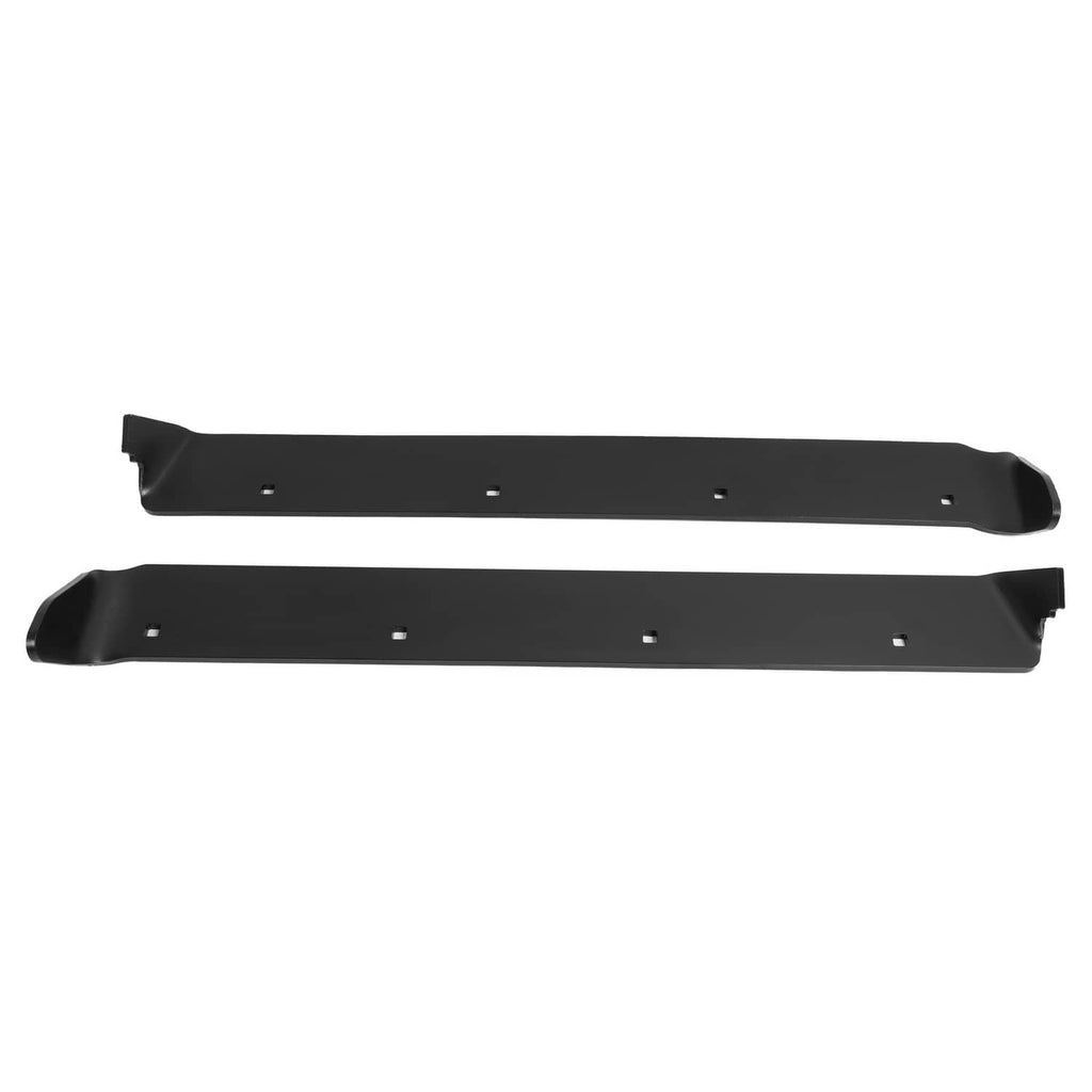 Pair of black snow plow cutting edge blades, long with multiple mounting holes