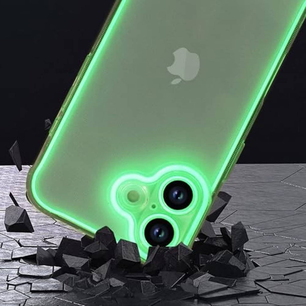 Green clear phone case back with glowing bottom outline and dual camera cutouts.