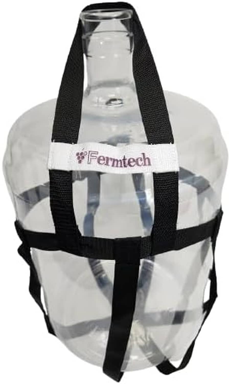 Glass carboy water jug with black harness-style straps and Fermentech label