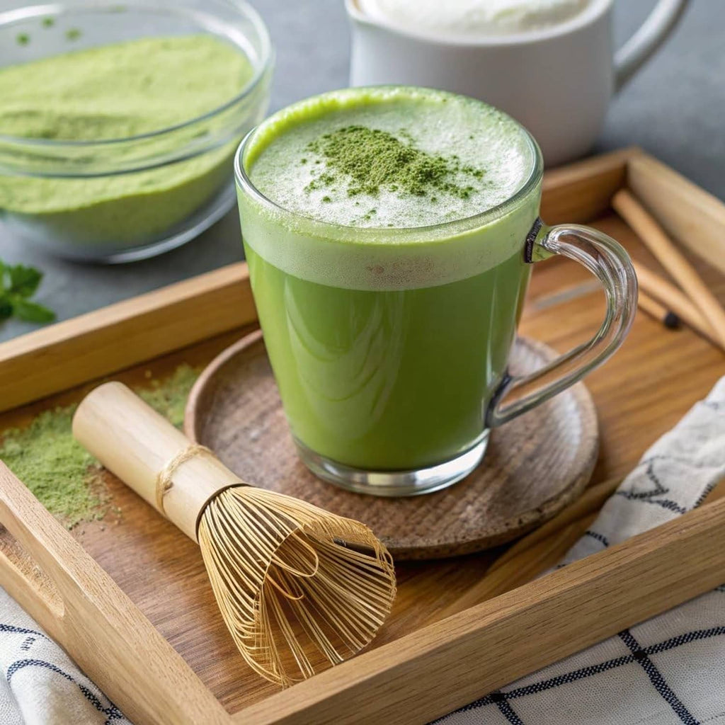 Green matcha latte in glass cup with whisk and bowl of matcha powder on tray