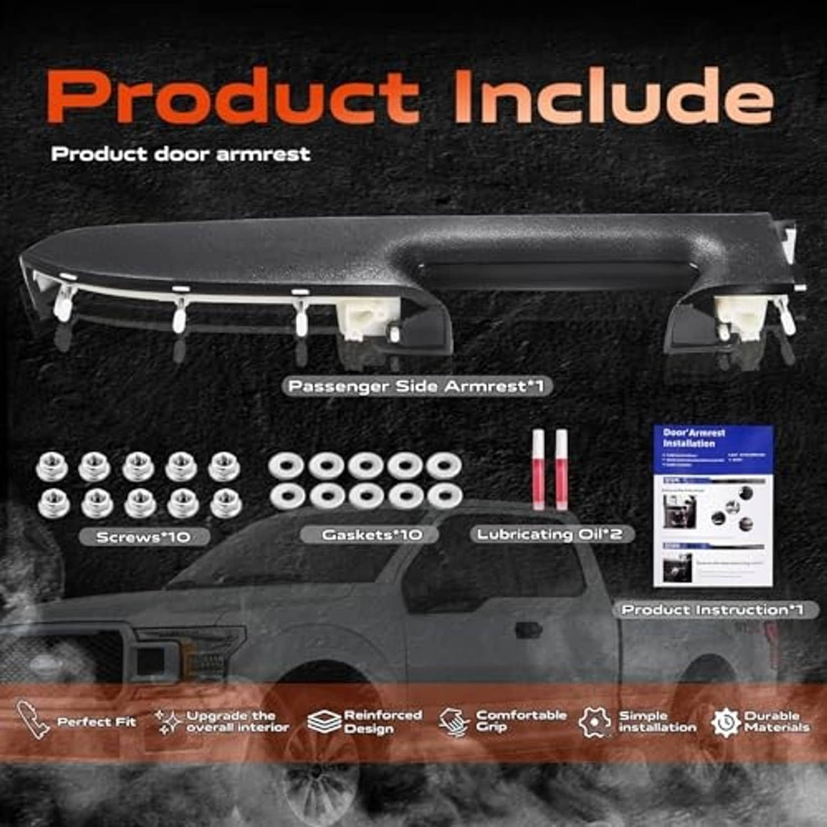 Black passenger side door armrest kit with screws, gaskets, and installation tools