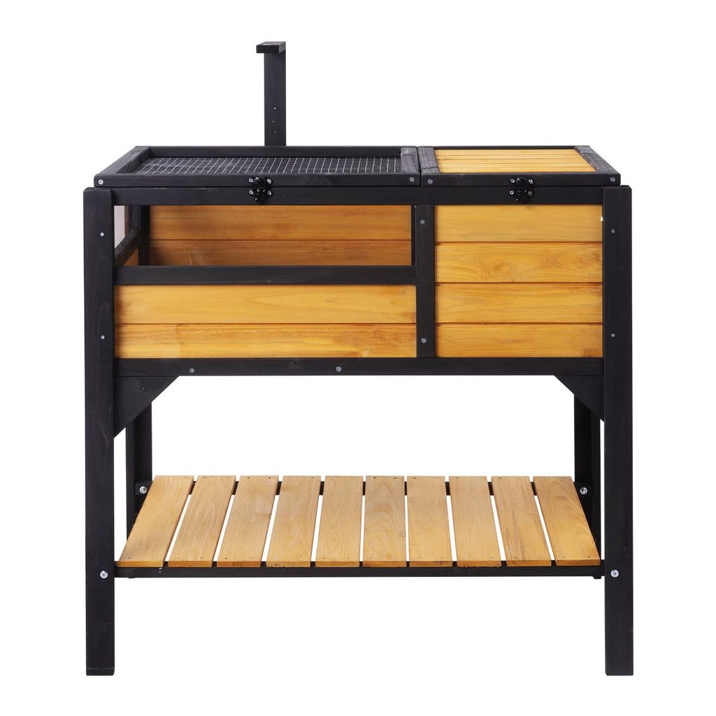Wooden reptile habitat with black frame, front wooden panels, and slatted lower platform