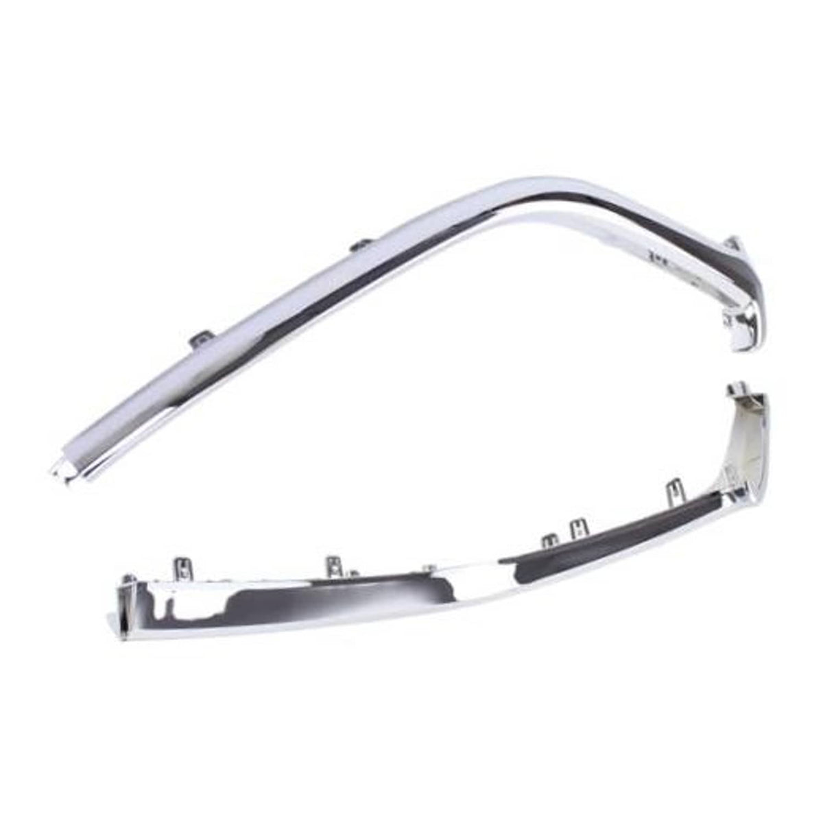 Chrome bumper grille lower trim frame with mounting clips and fastener tabs