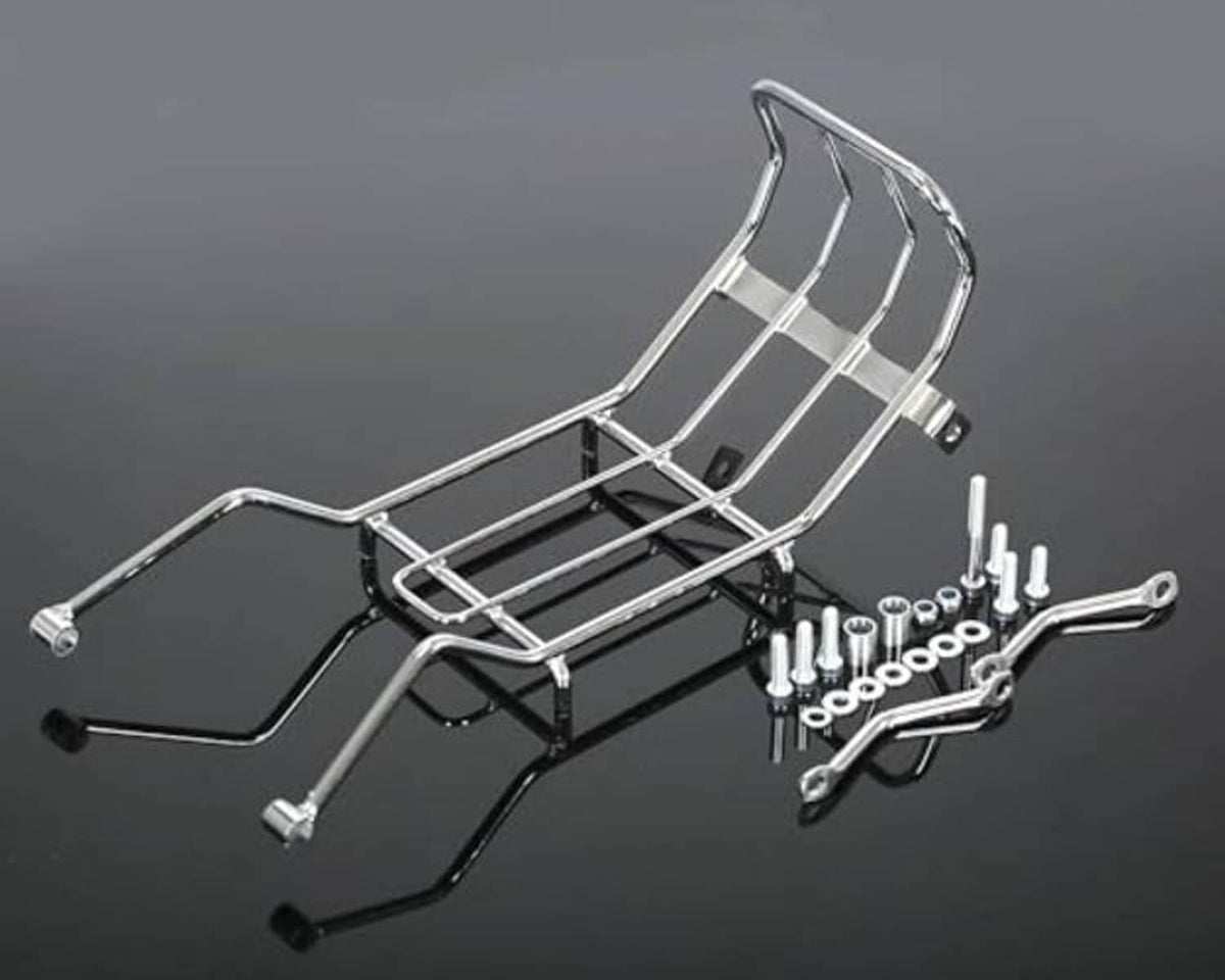 Chrome motorcycle center luggage rack carrier with black mounting base and accessory bolts