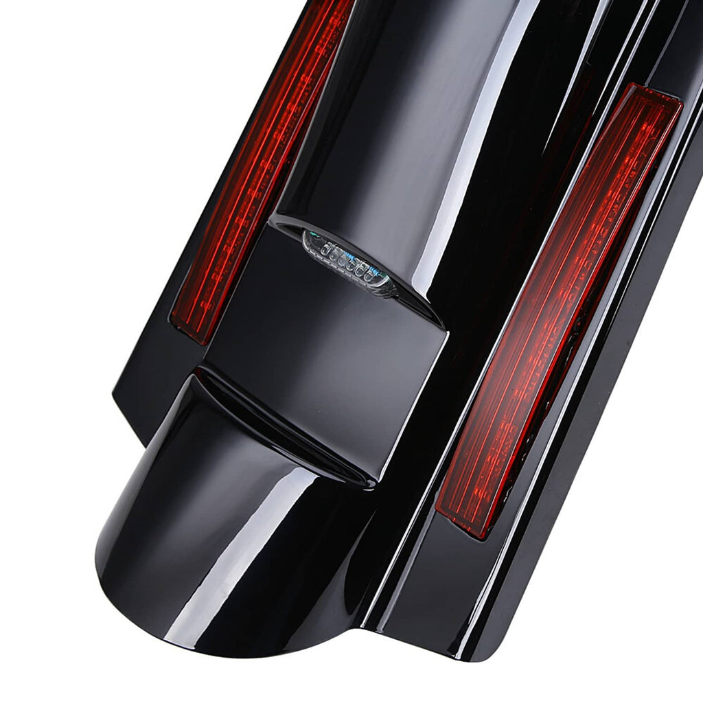 Black LED rear fender detail with red vertical light bars and small blue lens