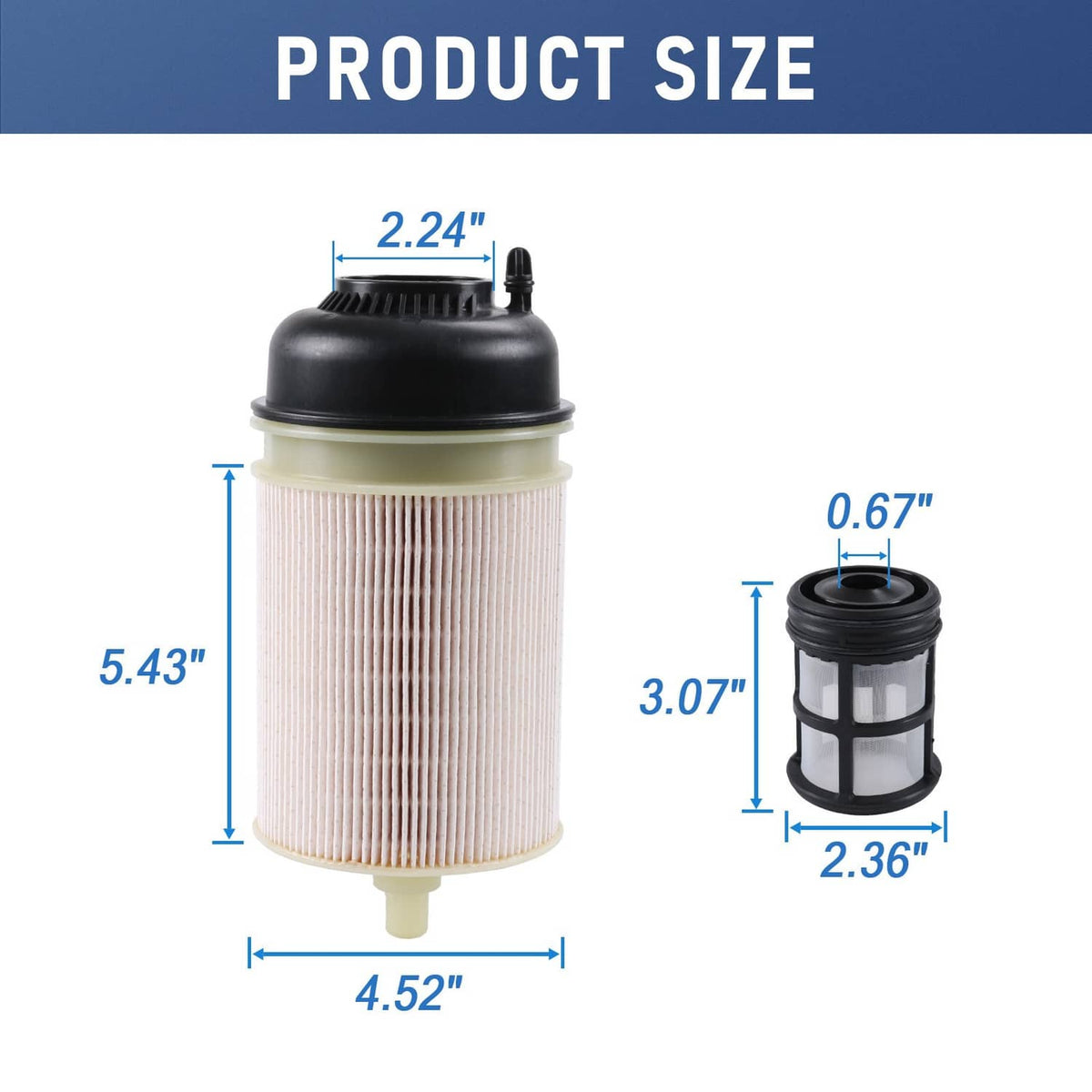 Fuel filter cartridge with mounting cap; product size dimensions shown