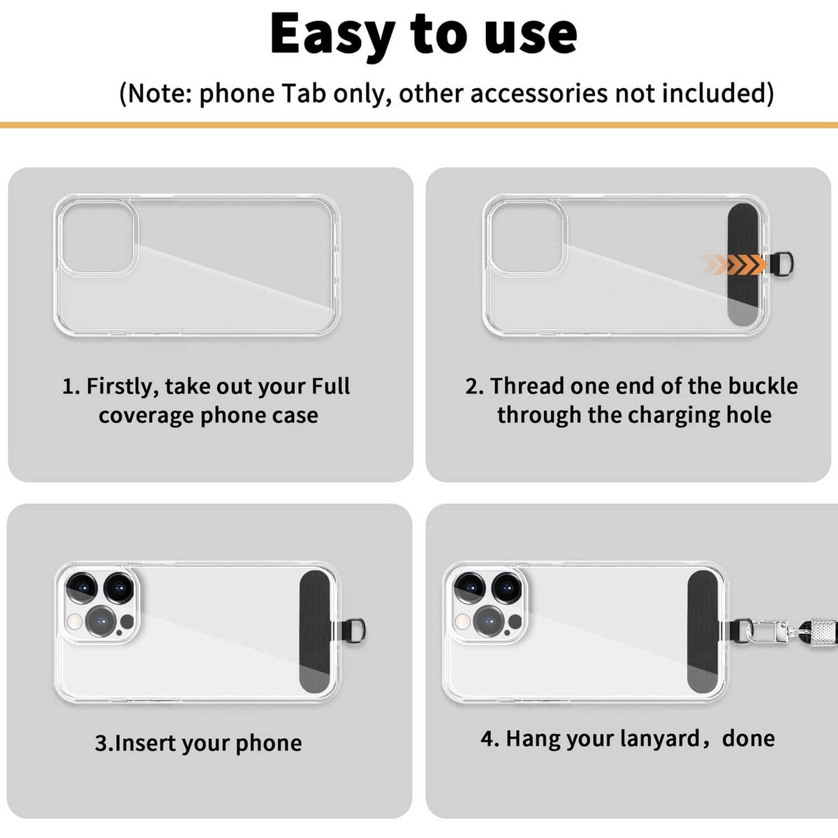 Black phone tether tab with buckle threading for use with full-coverage cases