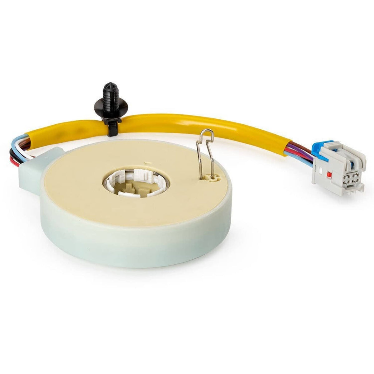 Steering torque sensor with pale circular base, yellow cable, and white electrical connector