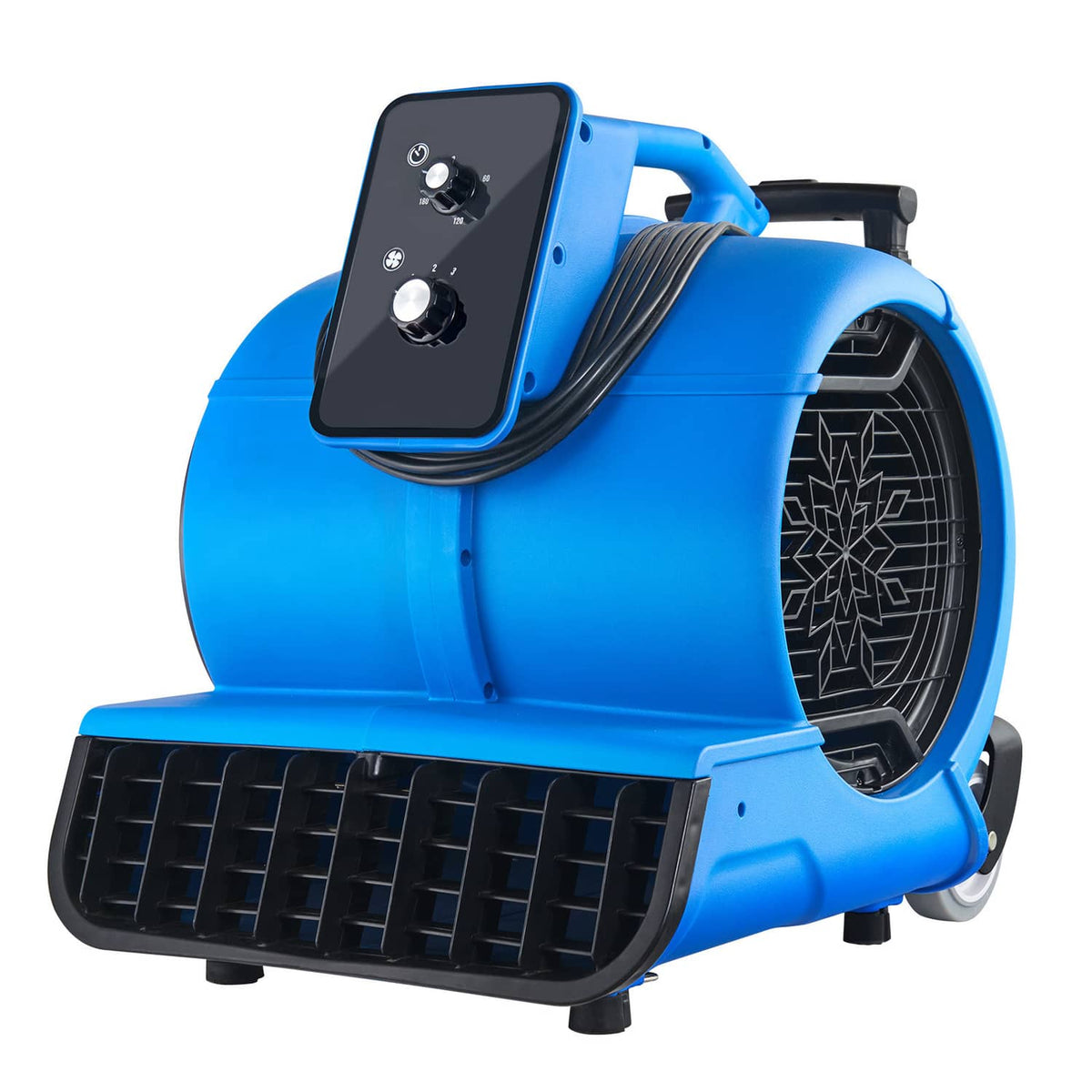 Blue floor blower with black control panel, front fan grille, and adjustable handle