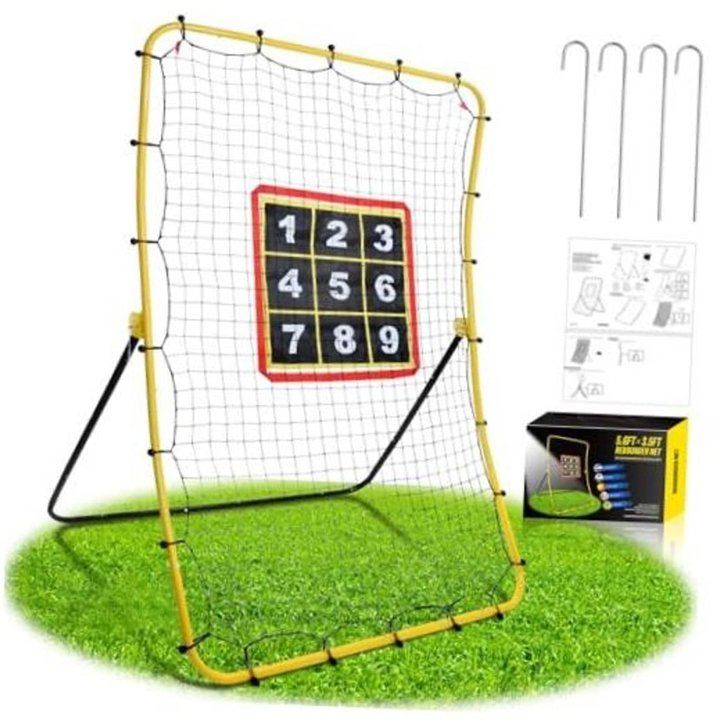 Baseball pitching rebounder net with yellow frame and 1–9 number target panel