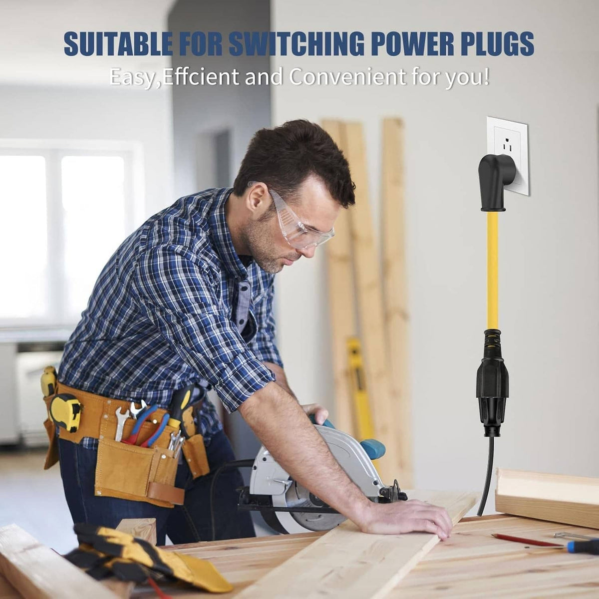 Yellow extension cord with black plug connected for home workshop tool use