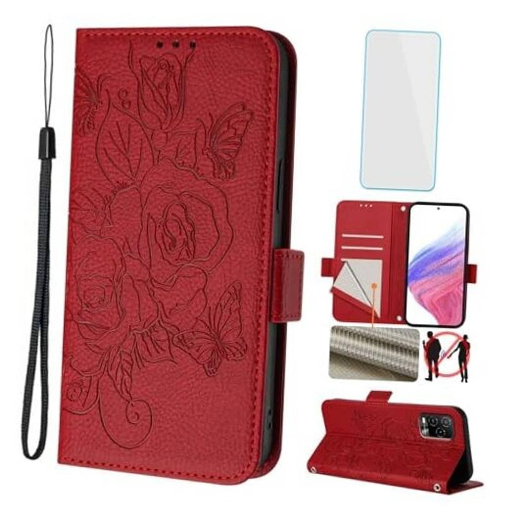 Red embossed floral phone wallet case with wrist strap, card slots, and screen protector