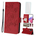 Red embossed floral phone wallet case with wrist strap, card slots, and screen protector