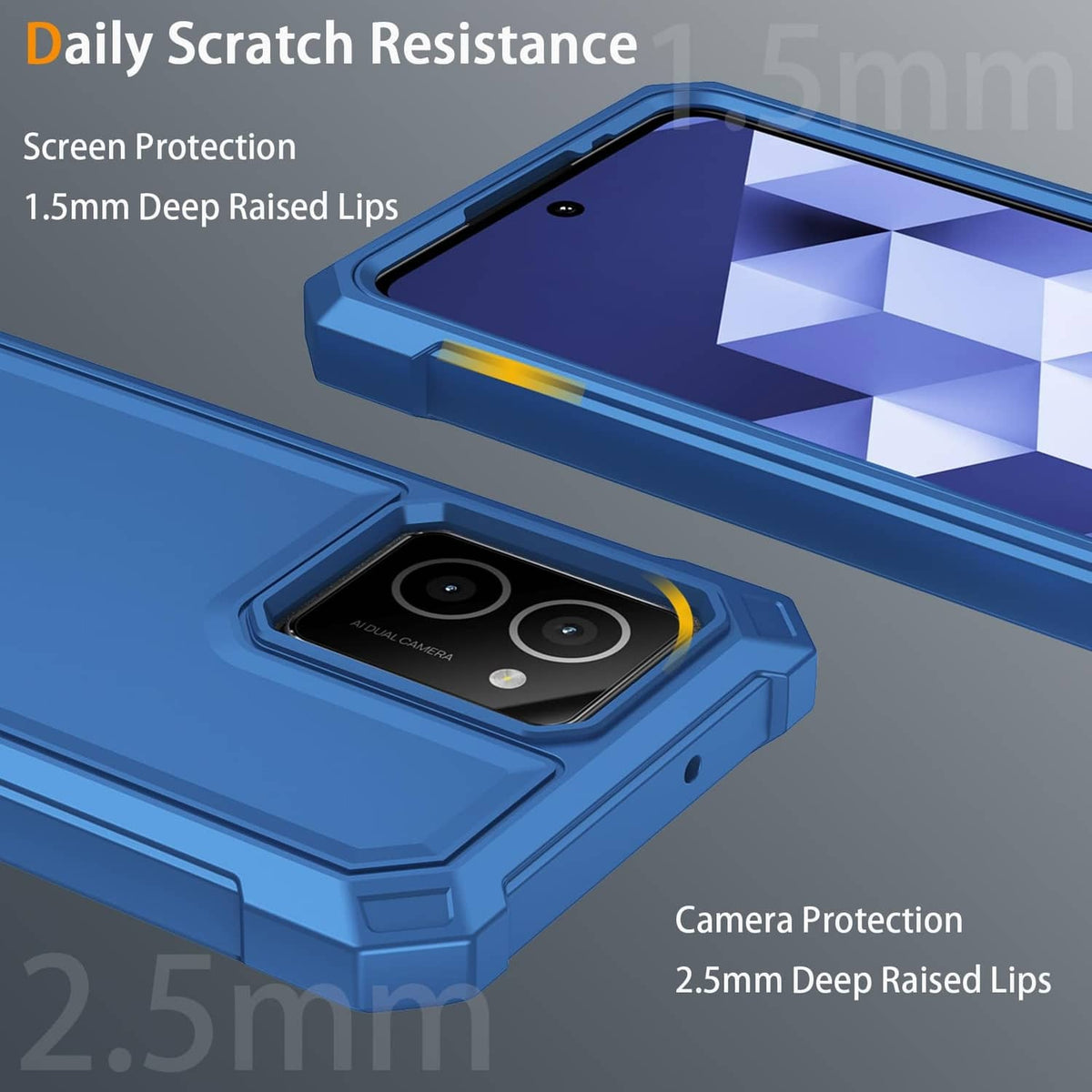 Blue rugged phone case with deep raised lips for screen and camera protection