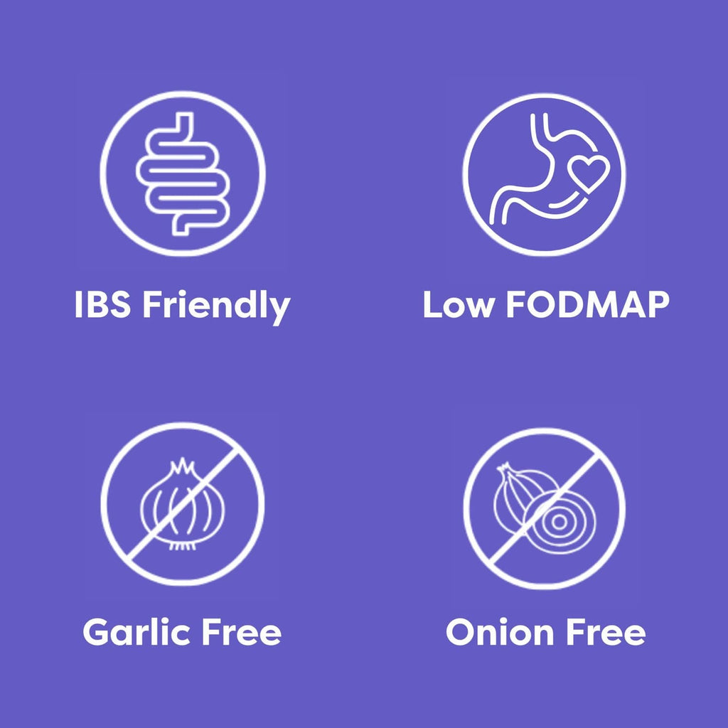 Sensitive everyday seasoning icons: IBS friendly, low FODMAP, garlic-free, onion-free