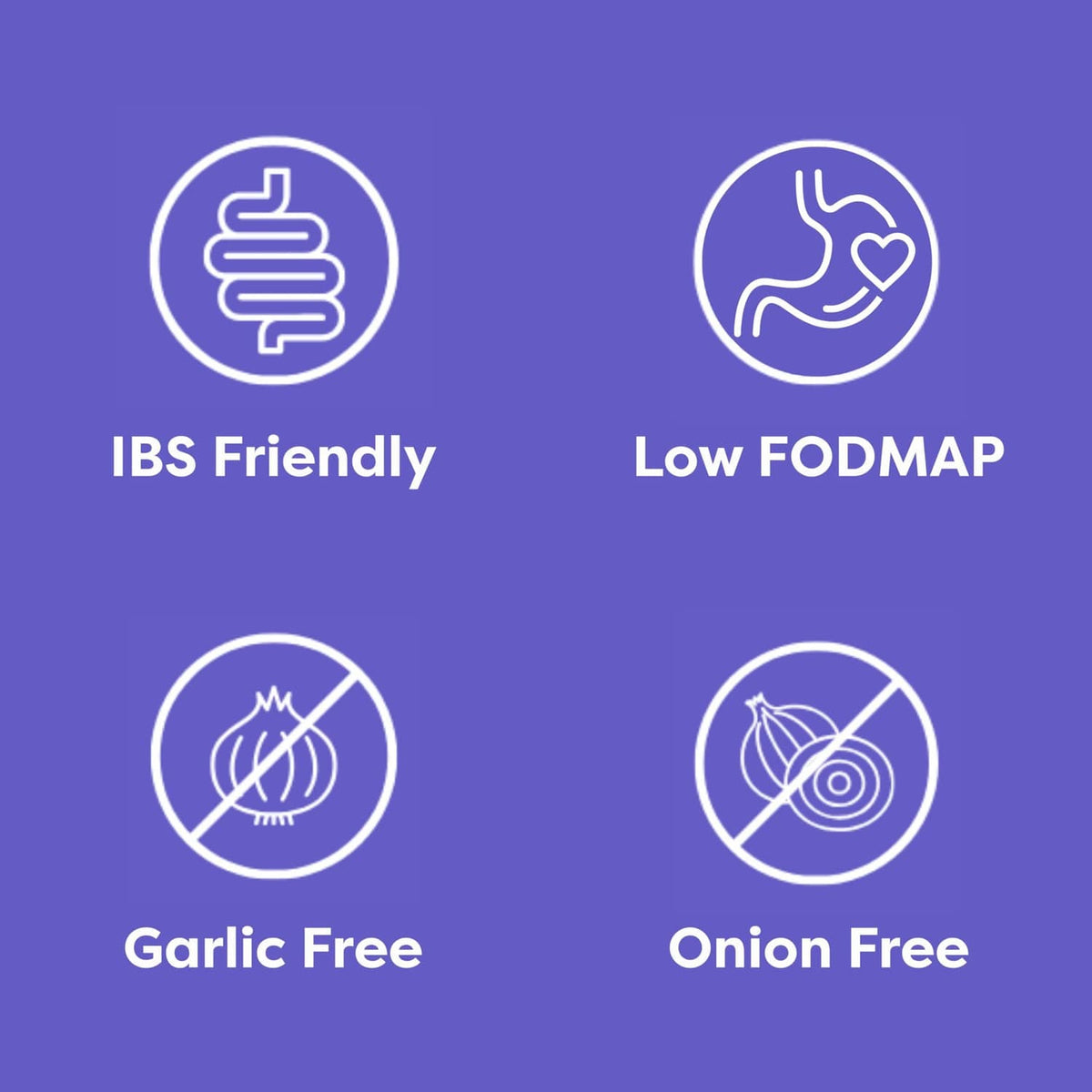 Sensitive everyday seasoning icons: IBS friendly, low FODMAP, garlic-free, onion-free