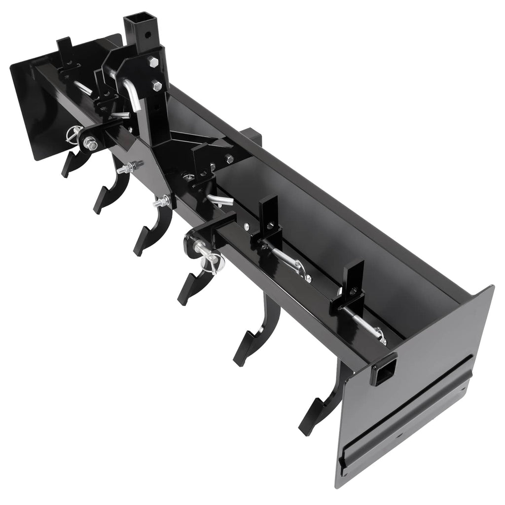 Tow-behind box scraper blade with three-point hitch and multiple curved scraping teeth