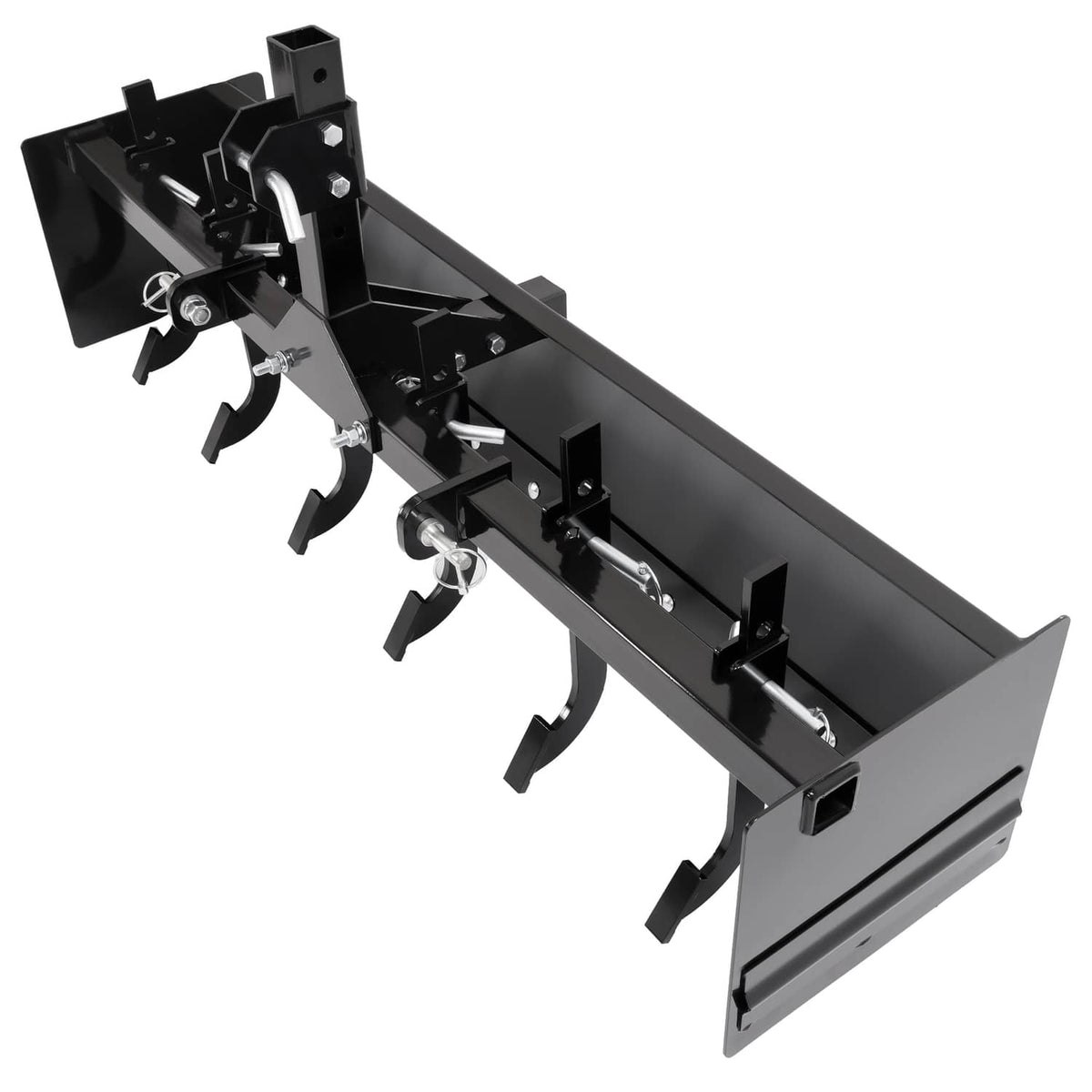 Tow-behind box scraper blade with three-point hitch and multiple curved scraping teeth
