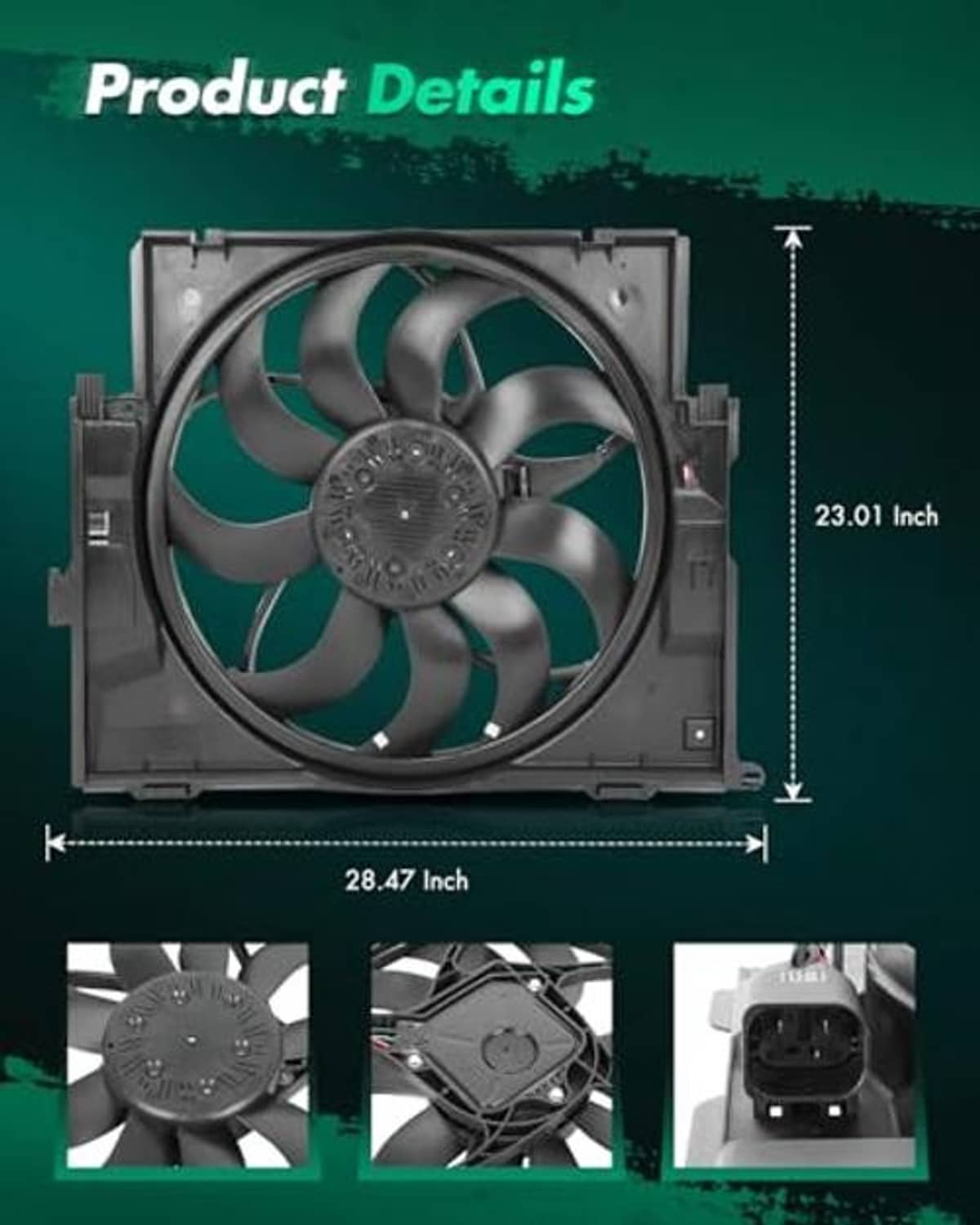 Radiator cooling fan assembly with dimension lines, black blades and gray housing