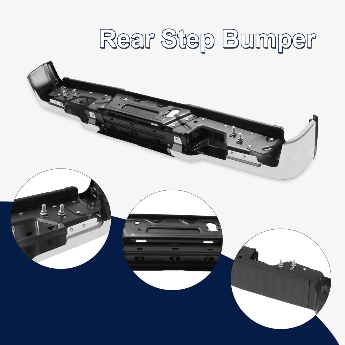 Rear step bumper with chrome-style edge trim and sensor opening details