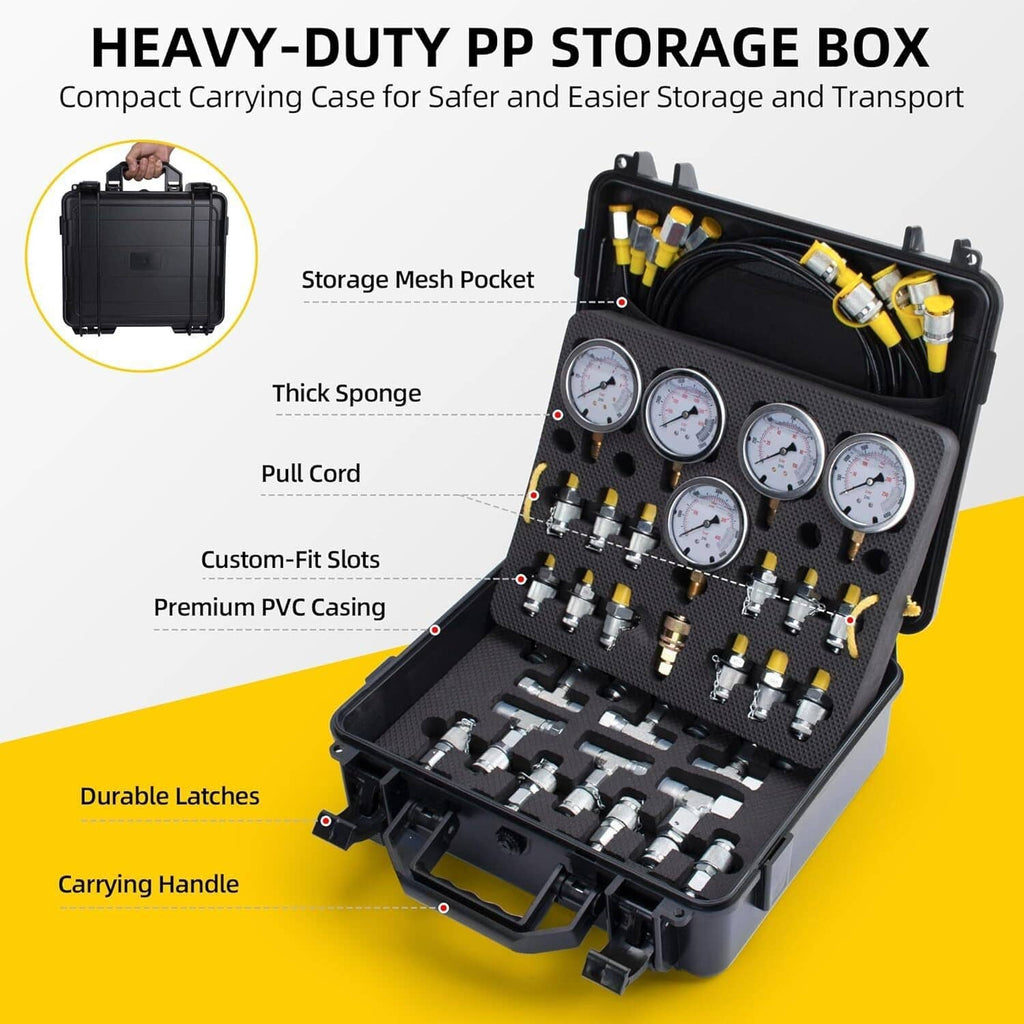 Hydraulic pressure test kit in black carrying case with molded slots and carrying handle