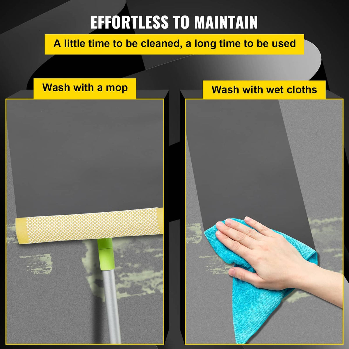 Dark gray dance floor mat cleaning view with damp cloth wiping the surface