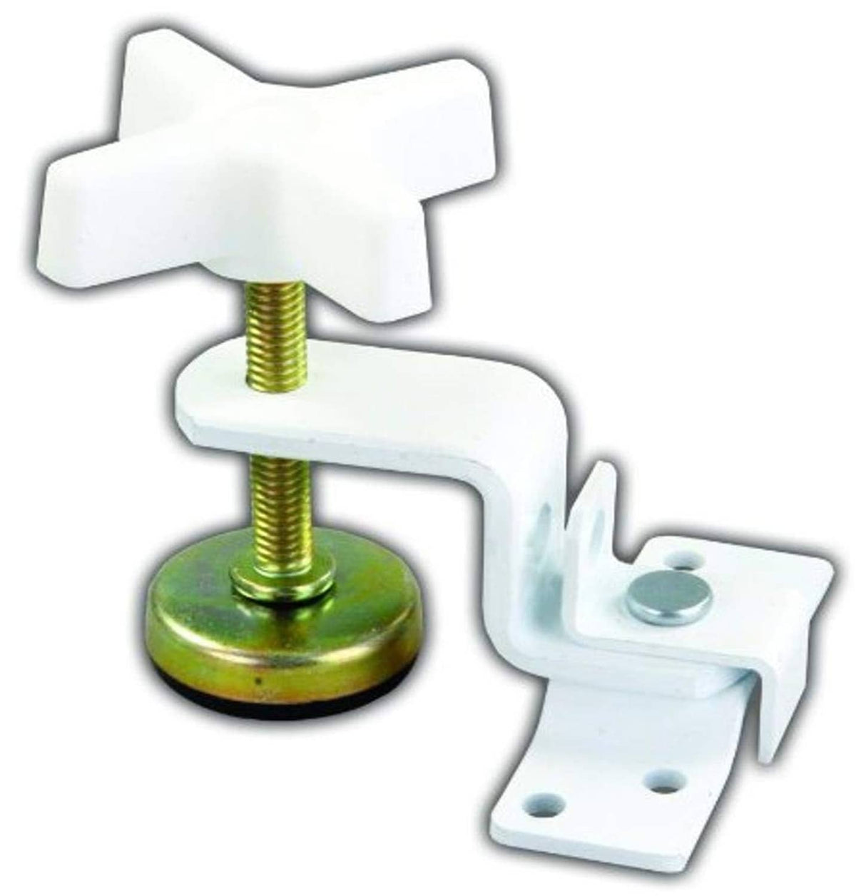 White fold-out bunk clamp with threaded bolt, round base, and mounting bracket