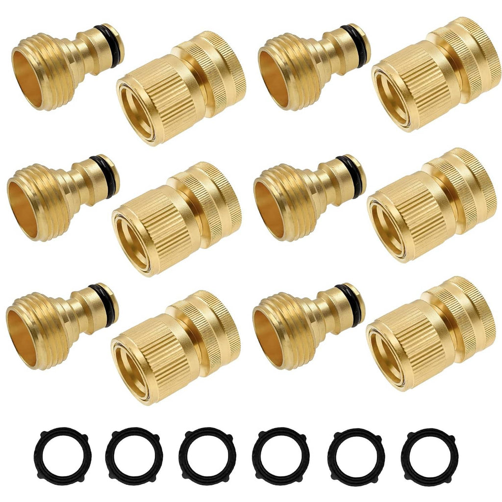 Solid brass garden hose quick connector set, gold fittings with black O-ring seals