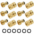 Solid brass garden hose quick connector set, gold fittings with black O-ring seals