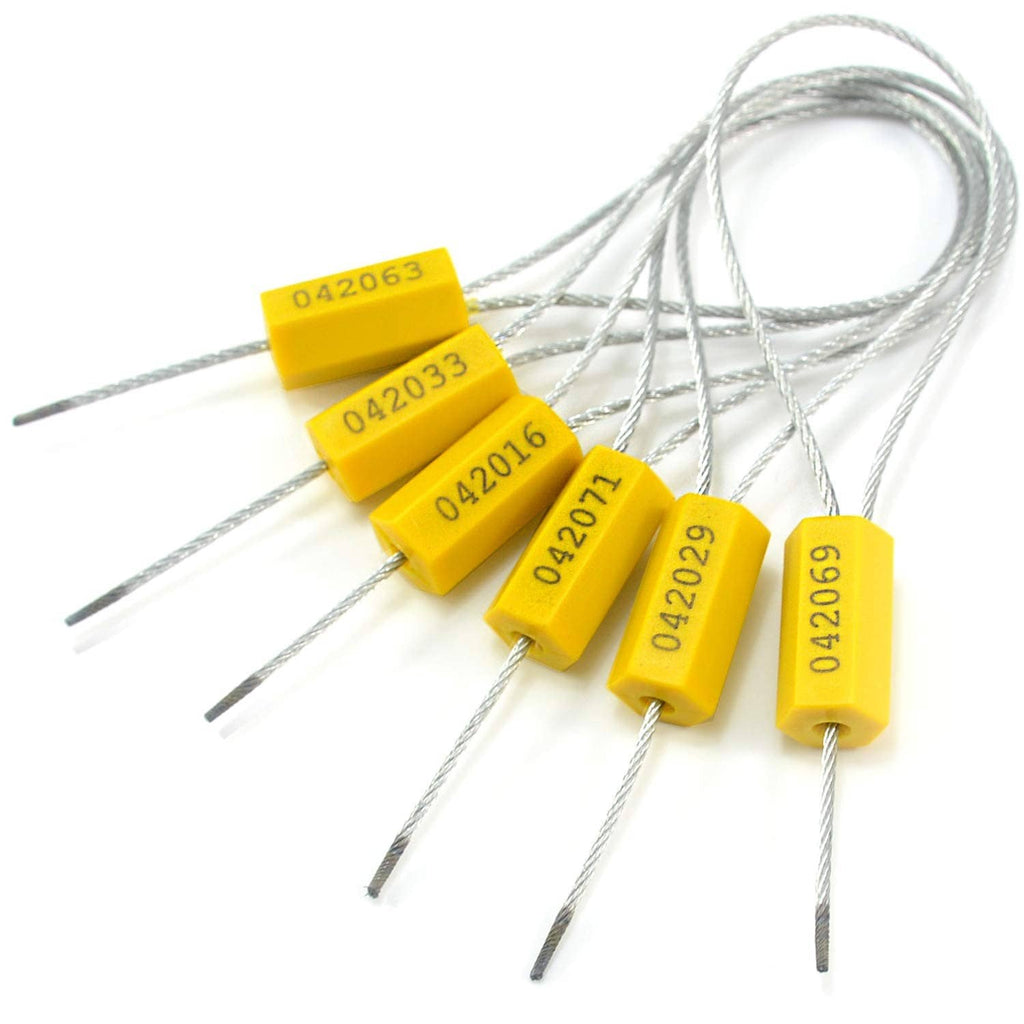 Yellow cable seals with steel wire loops and numbered ID labels