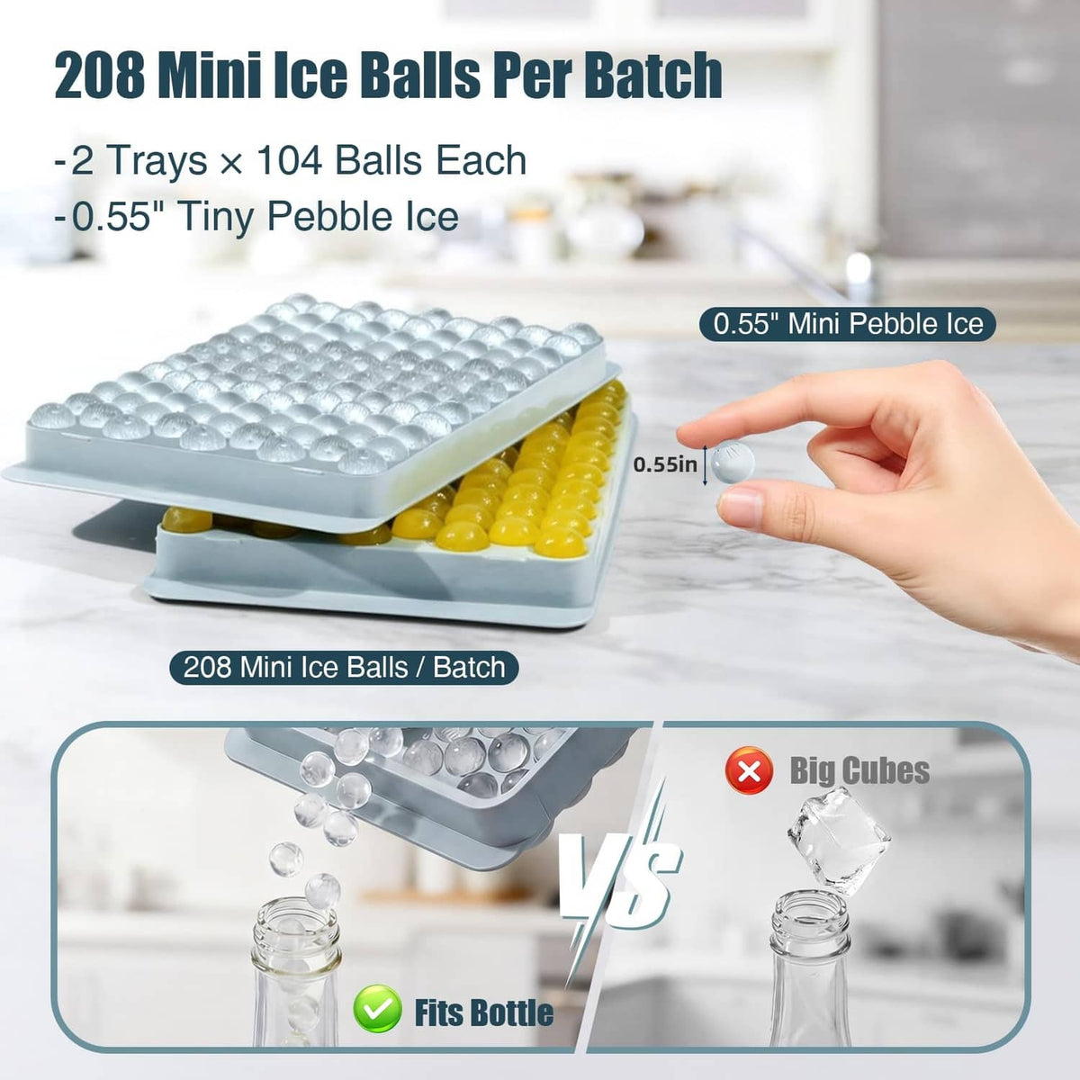 Stacked blue mini ice ball trays with finger pointing at pebble-size cavities