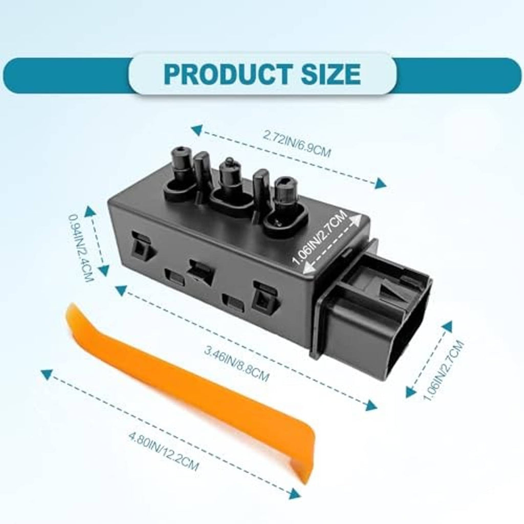 Black power seat switch module with orange lever, shown with size layout diagram