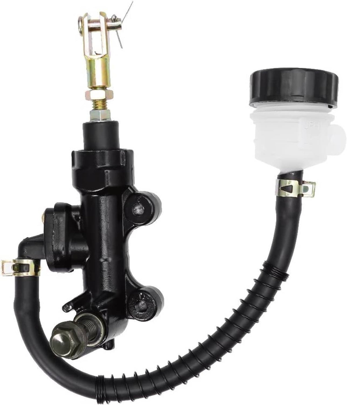 Rear brake master cylinder pump with black hoses and white fluid reservoir