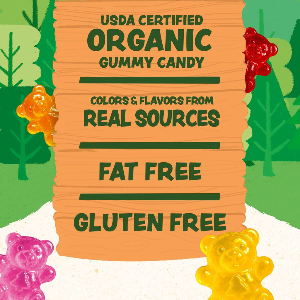 Organic gummy candy panel stating fat free and gluten free with gummy bear shapes.