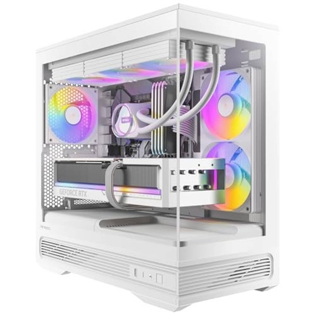 White compact microATX PC case with panoramic tempered glass and ARGB fans on display