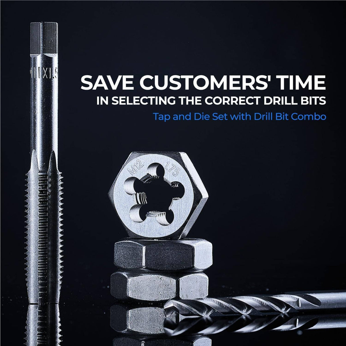 Tap and die tools with drill bit and hex holders for combined drilling