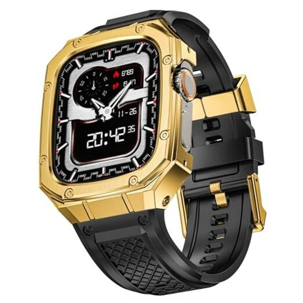 Gold stainless steel smartwatch case with black rugged silicone-style band