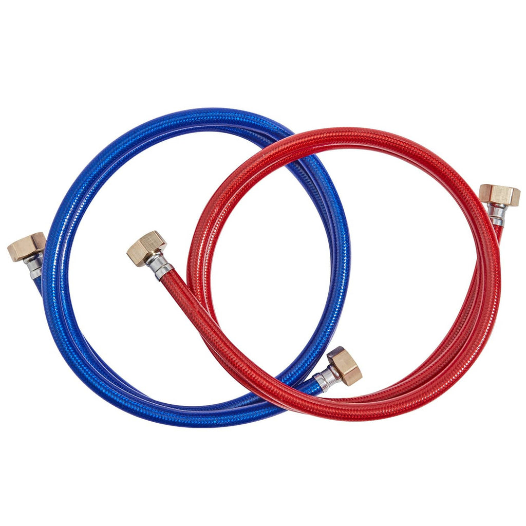 Red and blue stainless braided hoses with brass fittings for tankless water heater flushing