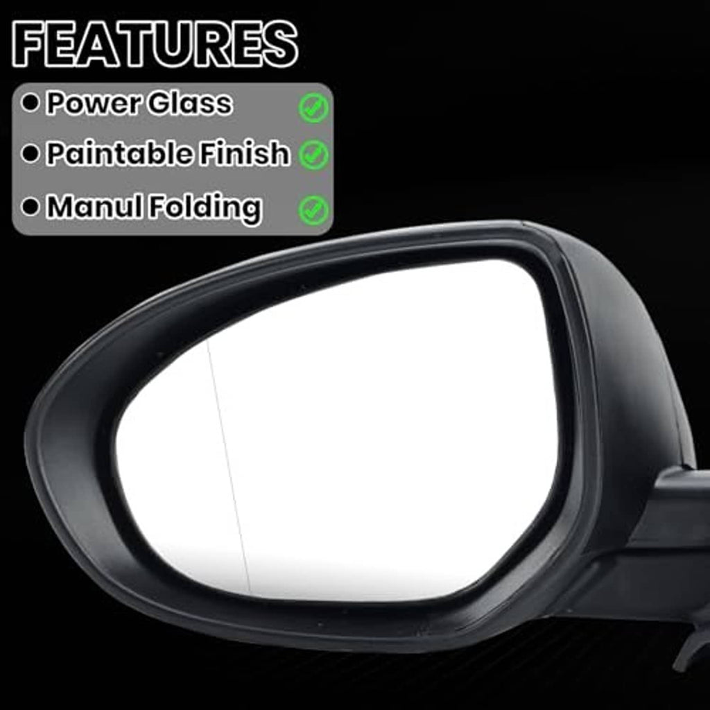 Left driver-side mirror close-up with black frame and dark reflective glass