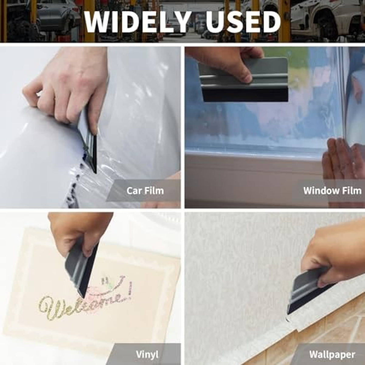 Felt-edge squeegee tool for applying adhesive films smoothly, gray handle with black pad