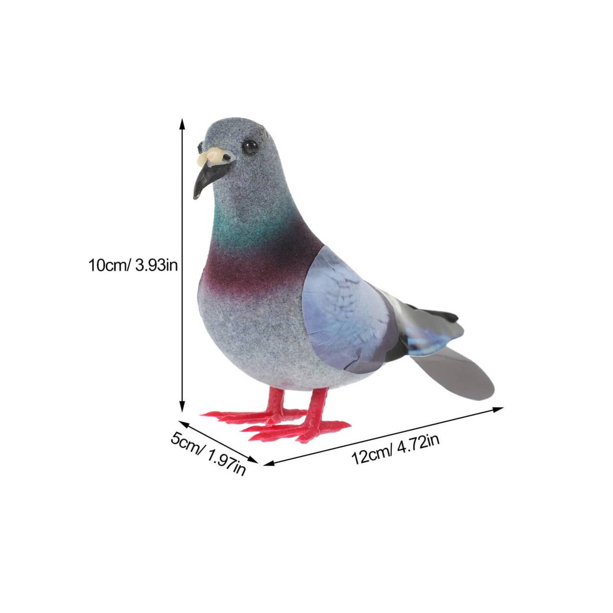 Gray, teal and maroon foam pigeon with blue wing panel and red feet