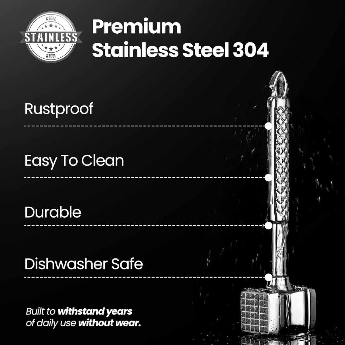 Stainless steel meat tenderizer mallet with dual-sided textured face and ergonomic grip