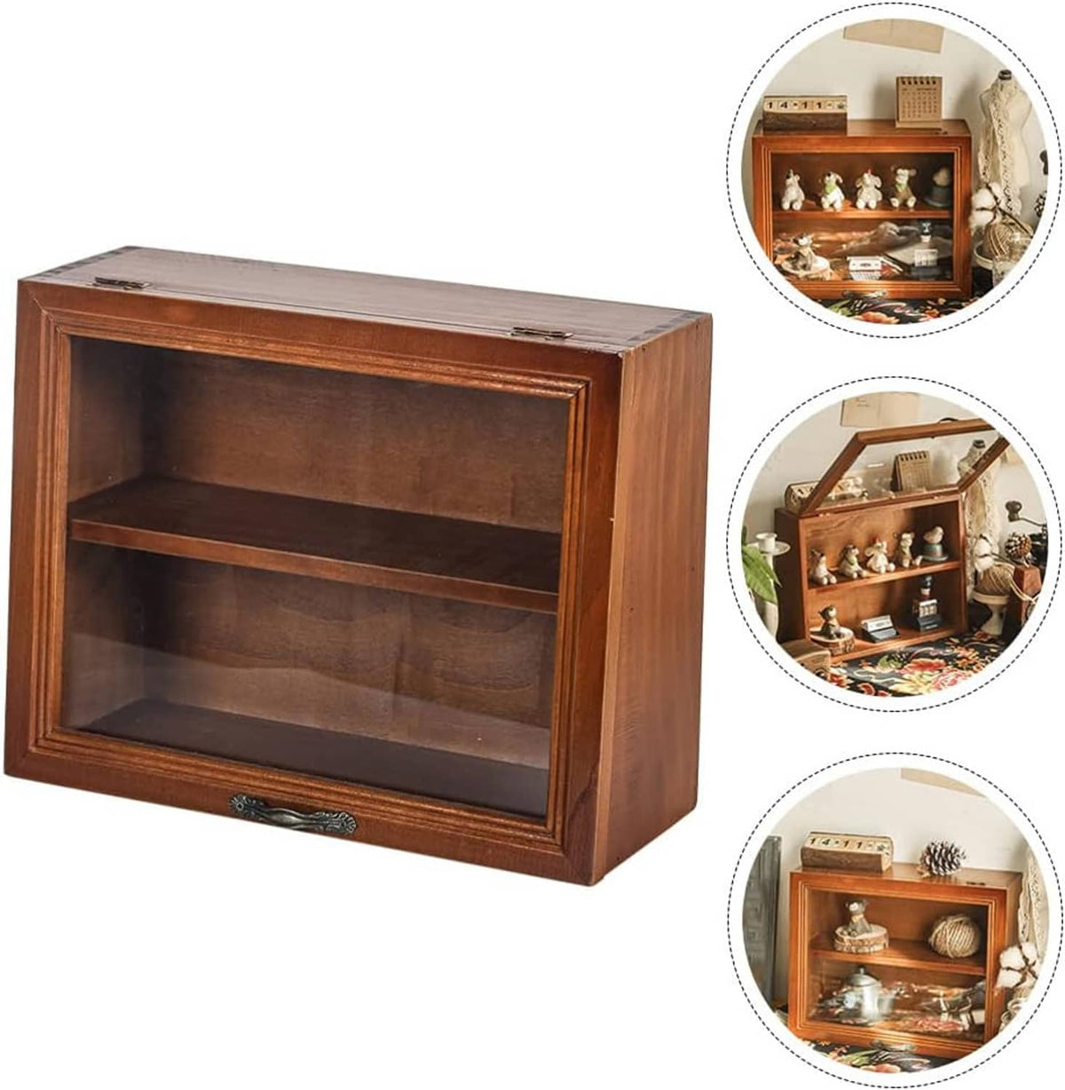 Wooden glass-front display case with shelves, shown with three inset view circles