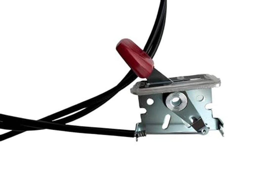Throttle cable mounting bracket with red knob and black cable lines