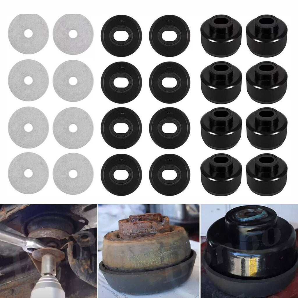 Cab mount bushing kit with black rubber bushings and round silver washers
