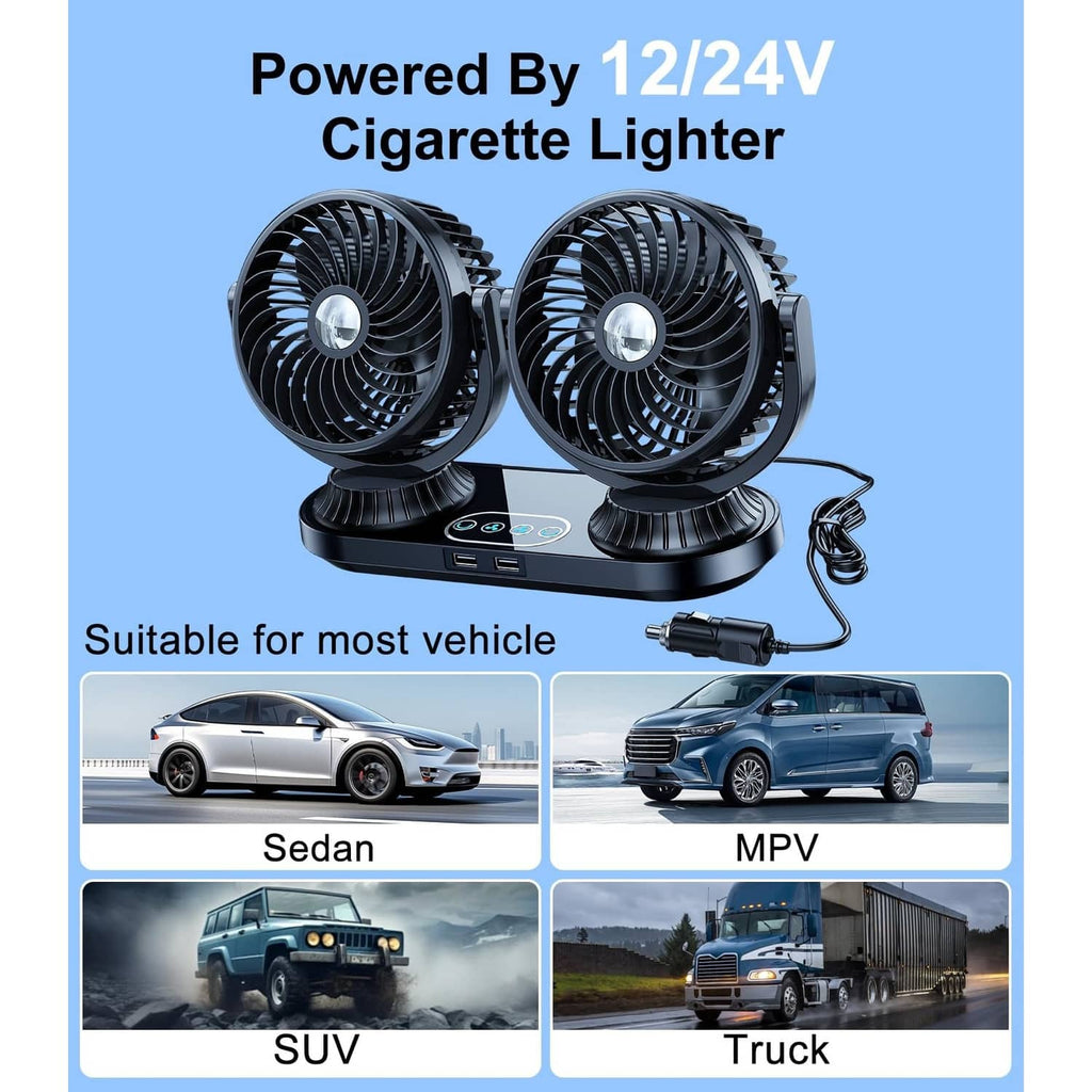 Dual-head car dashboard fan with cigarette lighter adapter cable and two grille fans