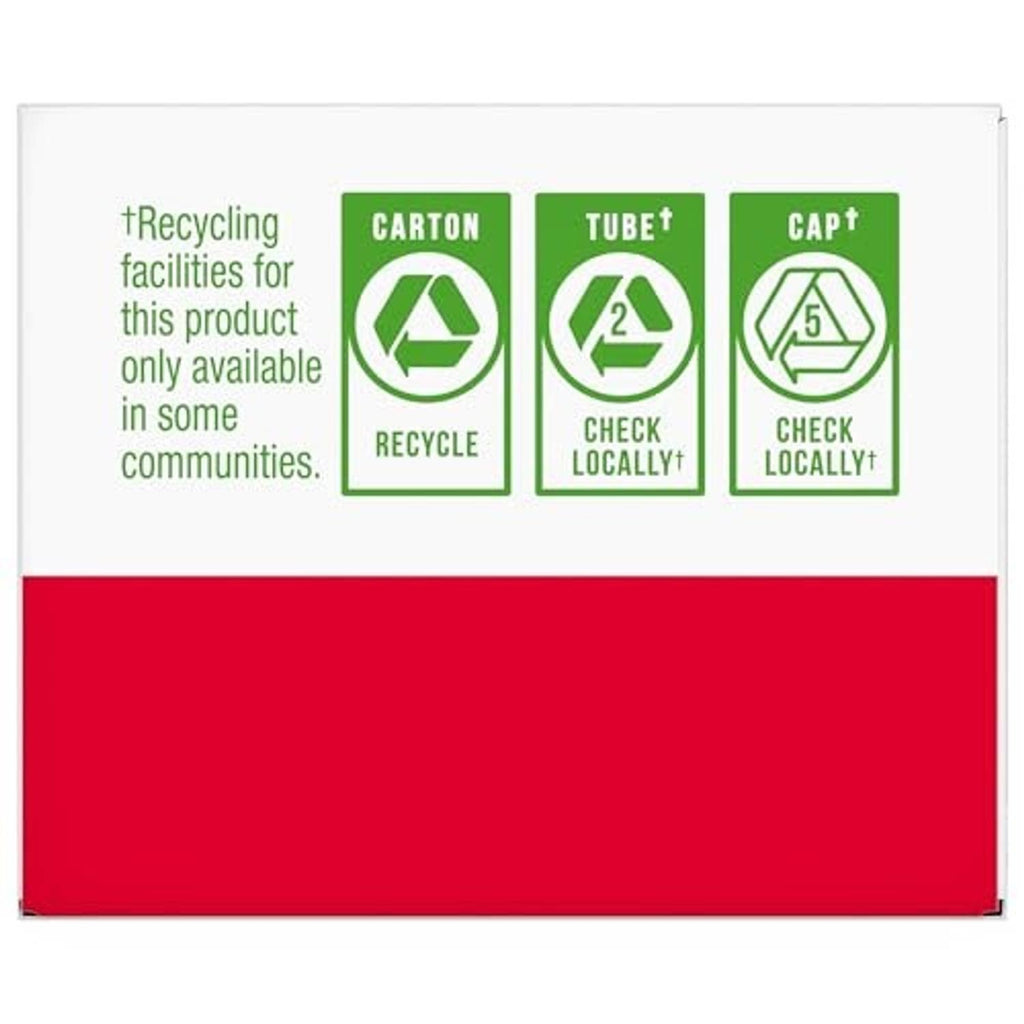 Packaging recycling instructions panel with carton, tube, and cap check locally